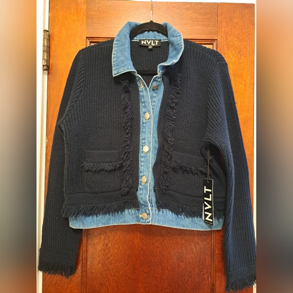 NVLT Navy Knit Jacket with Denim Accents